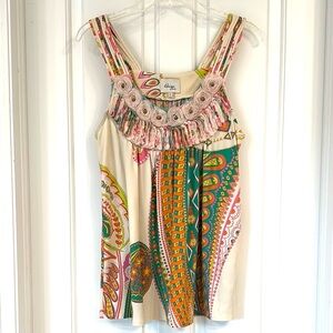 Beige by Eci Multicolor Boho Ruffled Trim Collar Tank Top